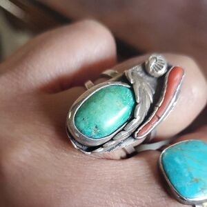 Artisan Silver Ring with Turquoise and Coral